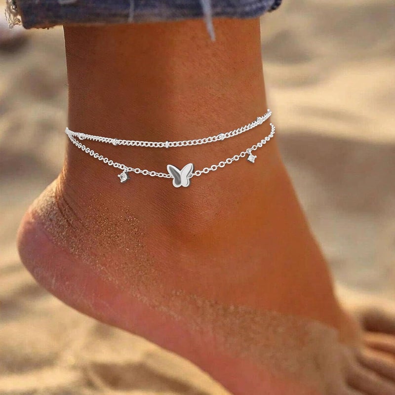 Poxtex Sterling Silver Anklet Bracelets for Women Waterproof, 925 Sliver Plated CZ & Heart Charm Dainty Layer Anklets for Women Trendy, Simple Chain Anklets Set Gifts for Women, Mother Day Jewelry Gifts for Her Women Mom Wife Girlfriend - Image 2